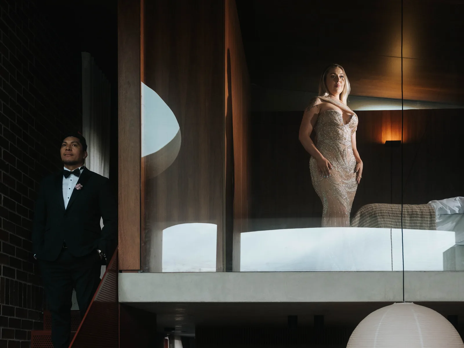 Cinematic couple portrait with dramatic architecture – Japanese documentary wedding photographer Sydney