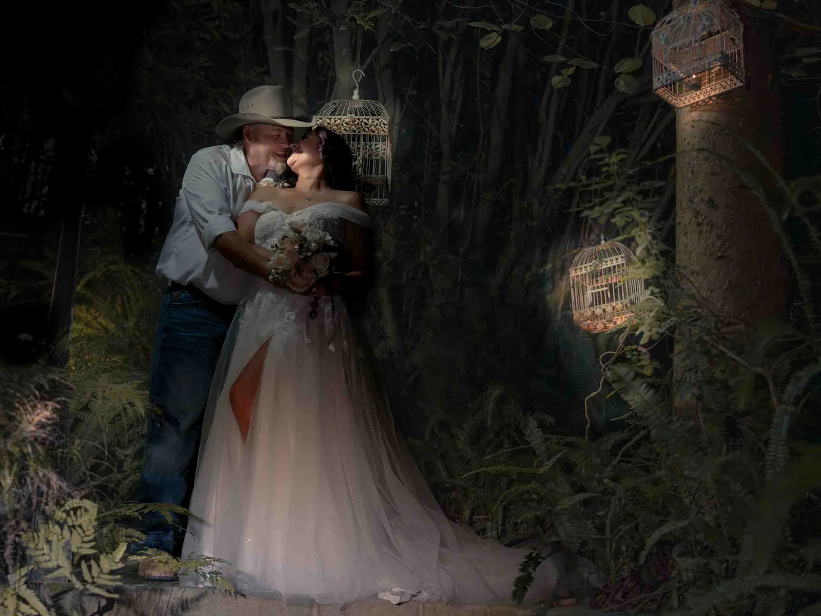 Couple kissing in enchanted forest with glowing birdcages, Loxley on Bellbird Hill – Japanese documentary wedding photographer Sydney