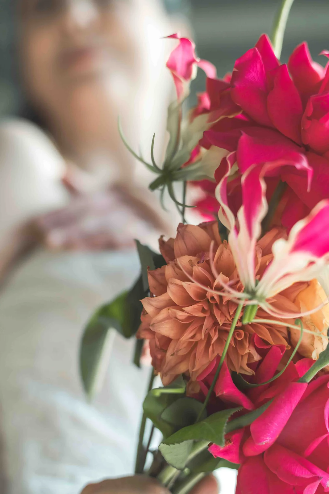 Wedding bouquet close-up with dahlias and roses – Japanese documentary wedding photographer Sydney