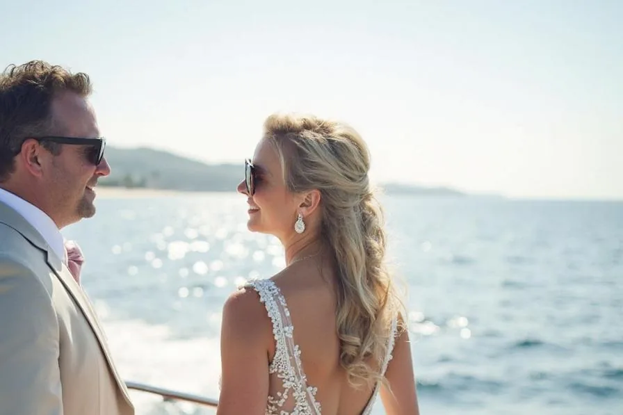 Bride and groom on luxury boat Sydney Harbour – wedding photography